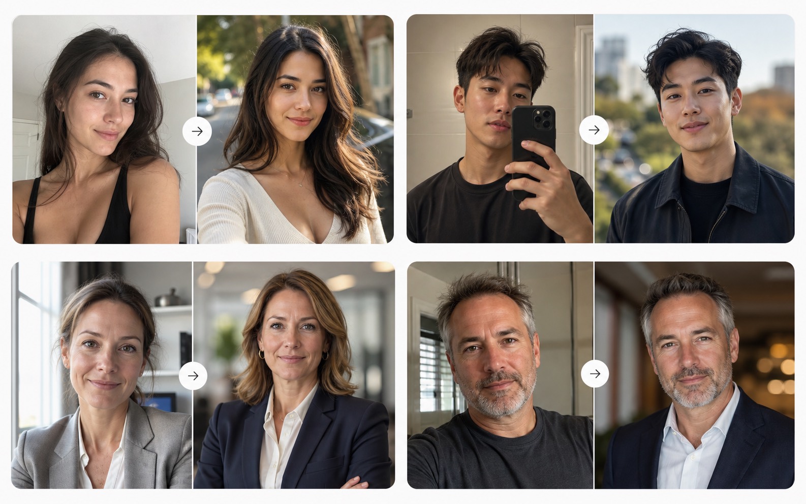 A grid of before and after examples for different ages, genders, professions, and profile goals